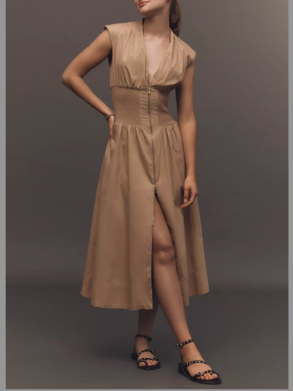 BRAND NEW Anthropologie Tan Zip-Front Midi Dress in Large